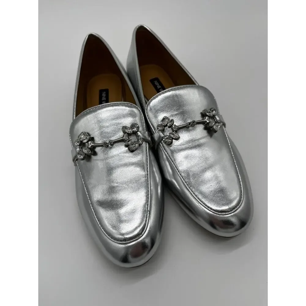 Nine West Bennit Bit Chain Loafers Metallic Silver - Size 6M